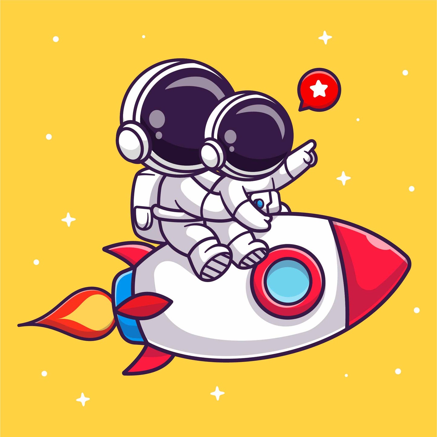 Cute astronaut riding rocket with baby astronaut (Yellow)