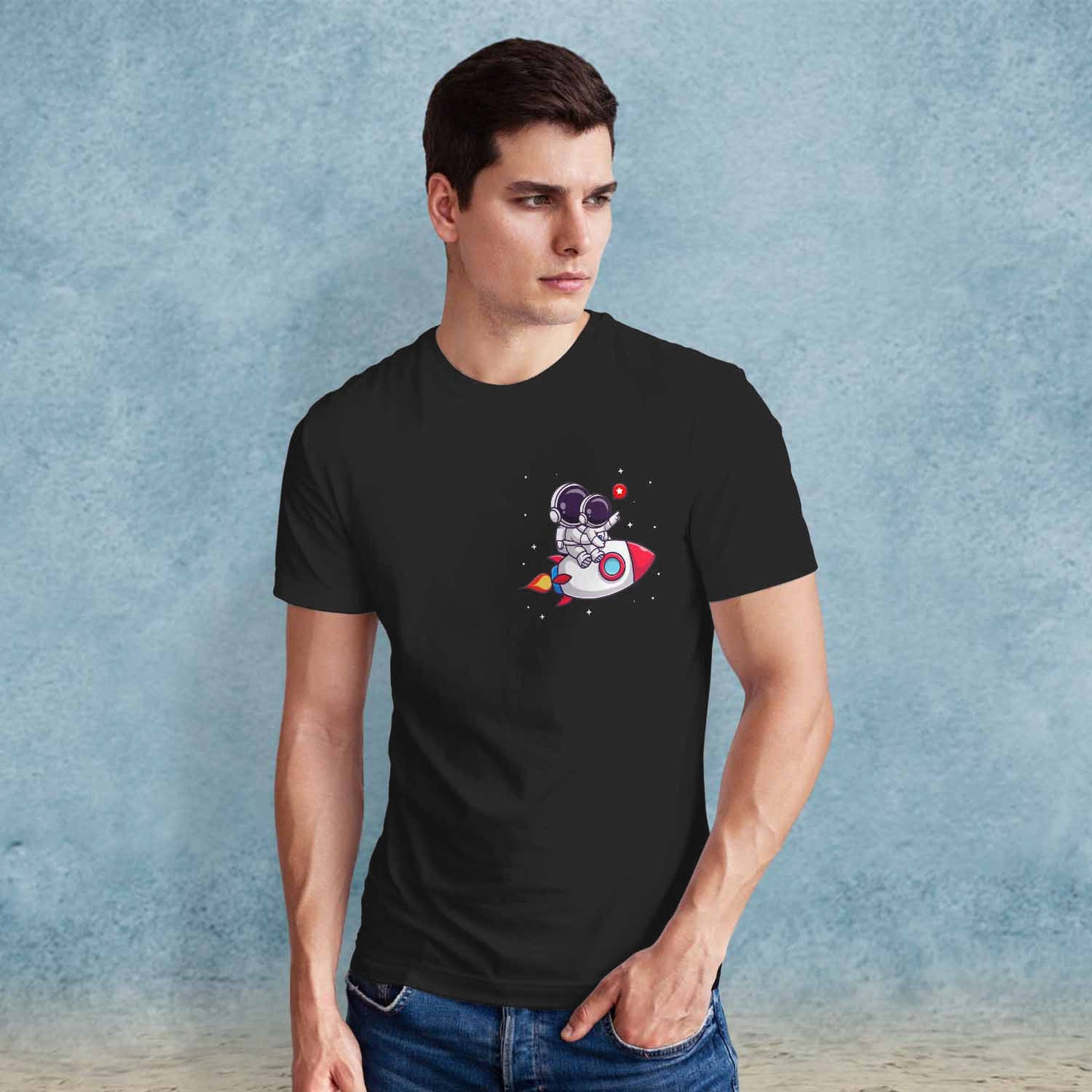 Cute astronaut riding rocket with baby astronaut (Black)
