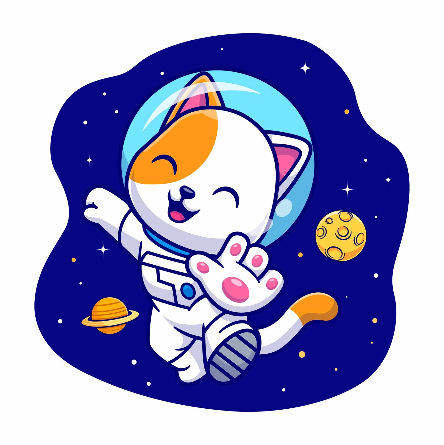 Cat astronaut floating in space with planet (White)