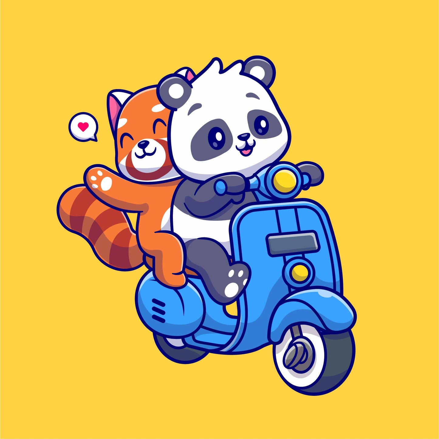 Cute panda and red panda riding scooter (Yellow)