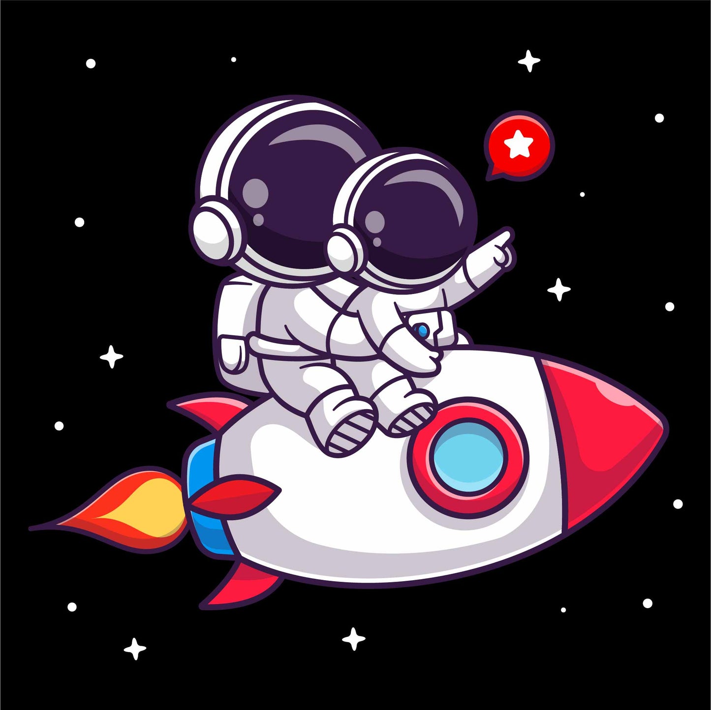 Cute astronaut riding rocket with baby astronaut (Black)