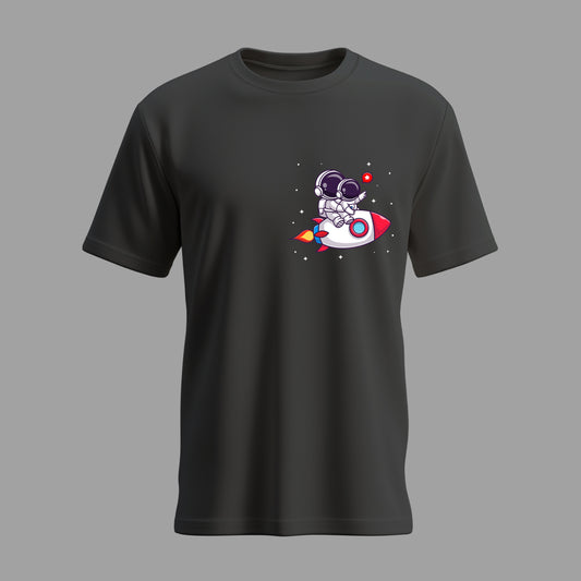 Cute astronaut riding rocket with baby astronaut (Black)