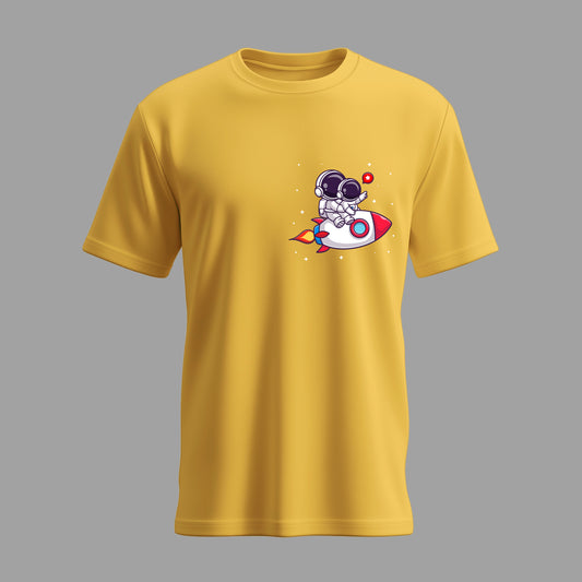 Cute astronaut riding rocket with baby astronaut (Yellow)