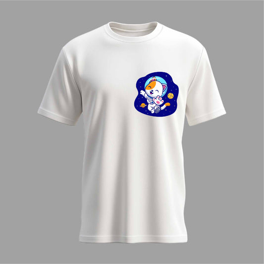 Cat astronaut floating in space with planet (White)