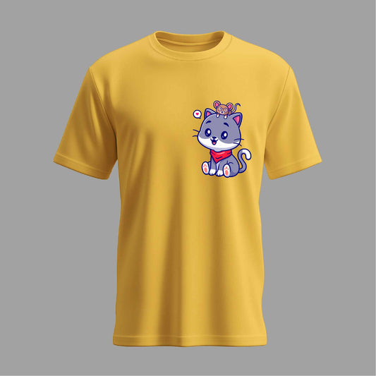 Cute cat playing with mouse cartoon (Yellow)